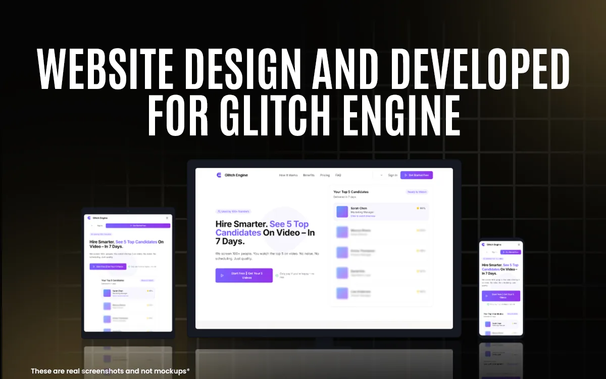 Responsive Glitch Engine recruitment platform website displayed across desktop, tablet and mobile